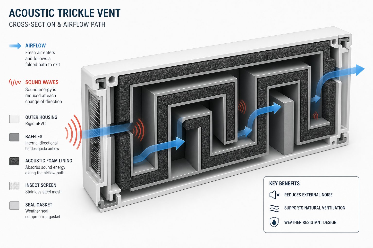 cross section view showing how labyrinth paths and absorptive linings inside an acoustic trickle vent attenuate sound energy