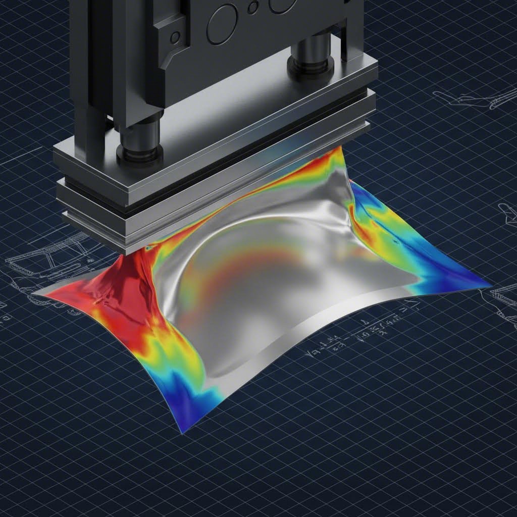 Technical diagram showing stress distribution and potential defect zones in aluminum panel stamping
