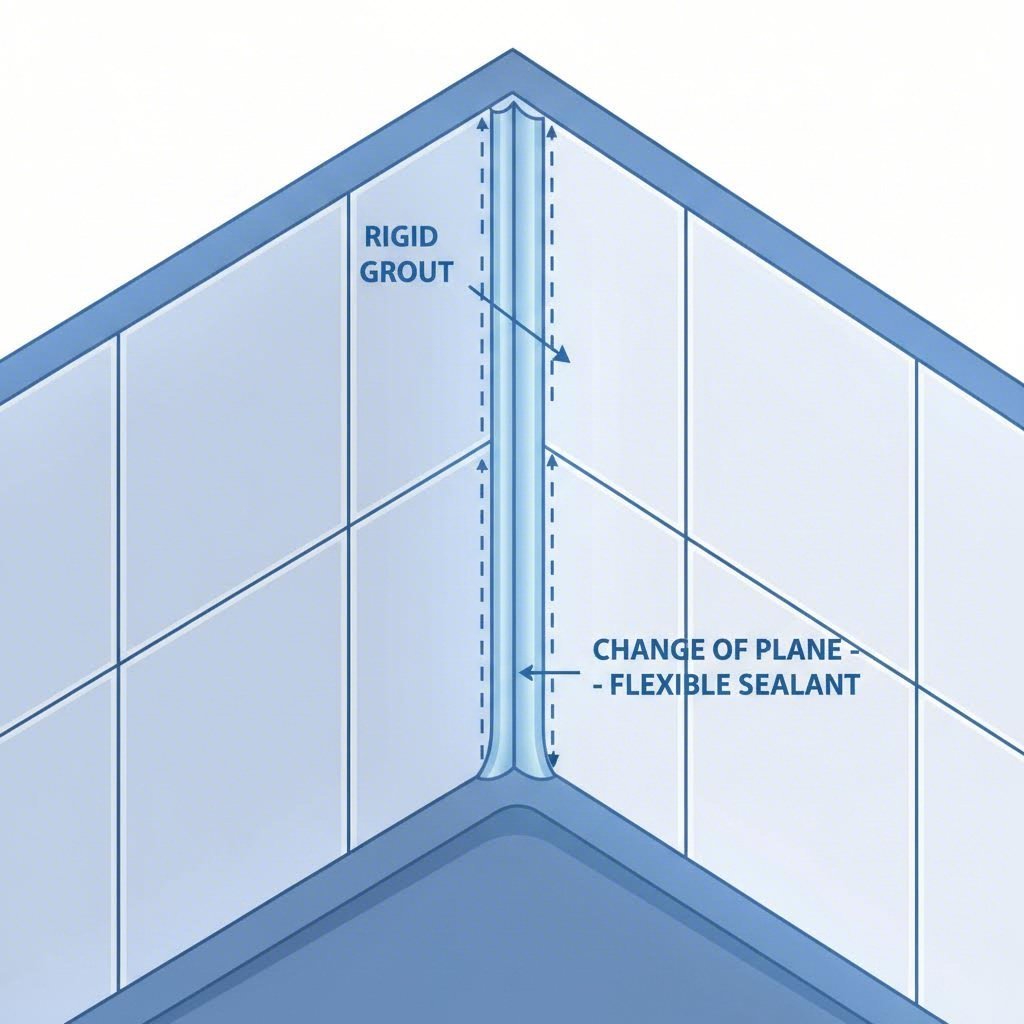 Illustration demonstrating why flexible sealant is required at shower corners.