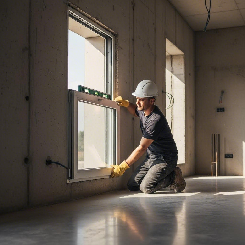 professional installation of aluminum window frame with precision alignment tools