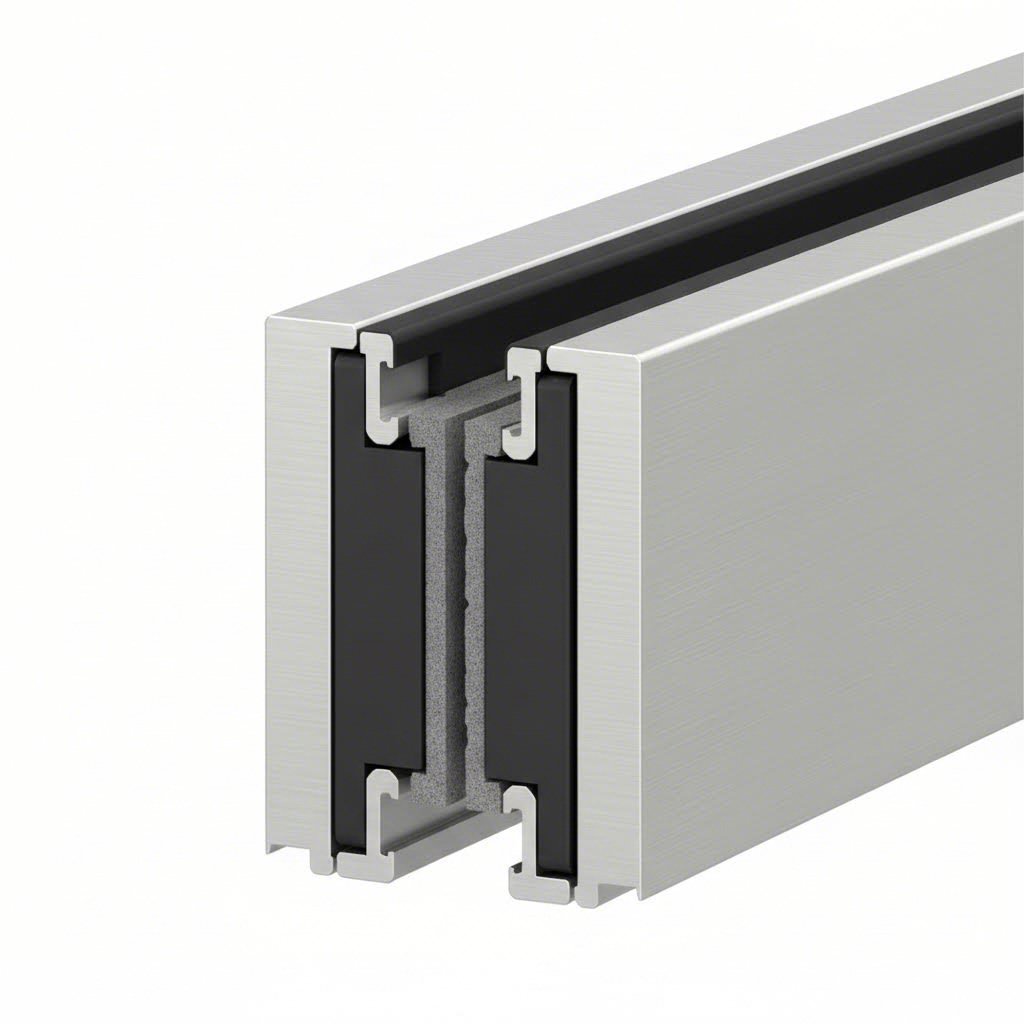 thermally broken aluminum frame showing polyamide barrier separating interior and exterior sections