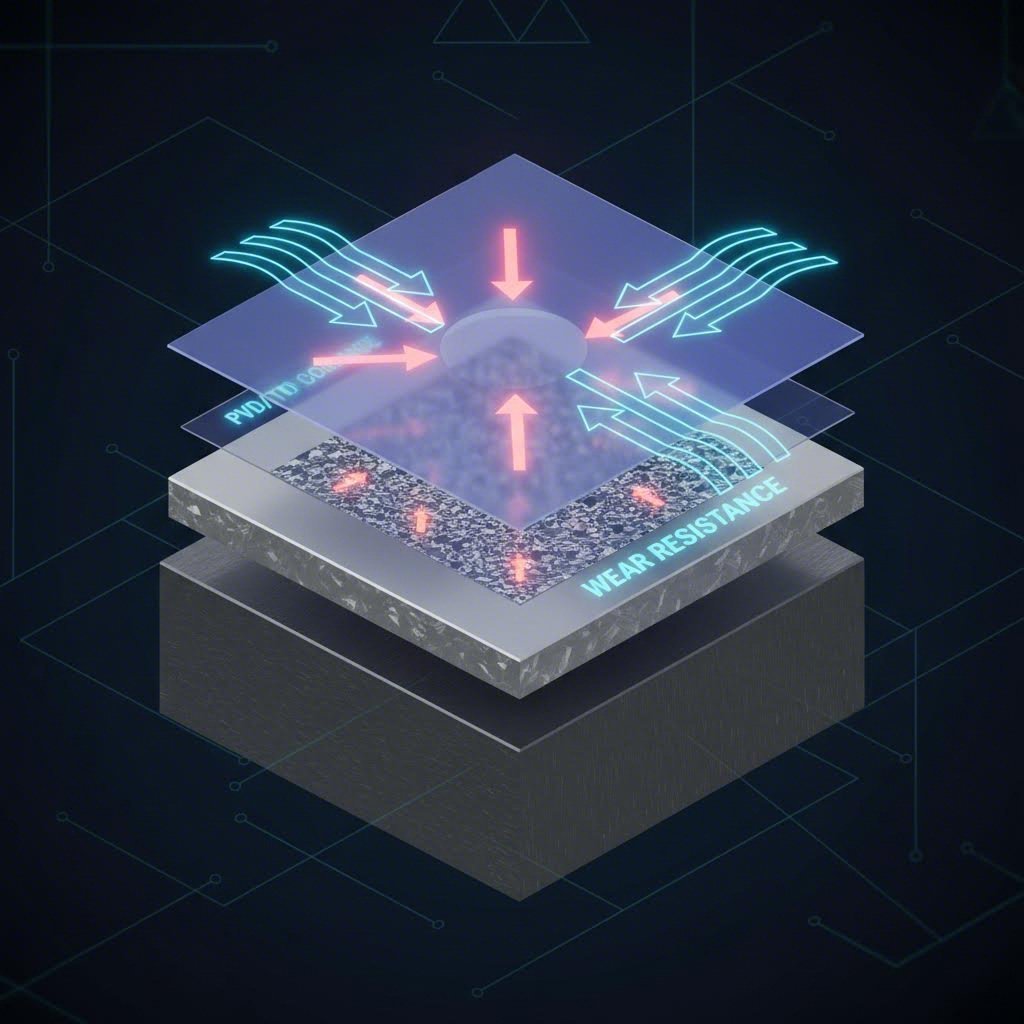 Layered die construction showing substrate toughness and coating wear resistance