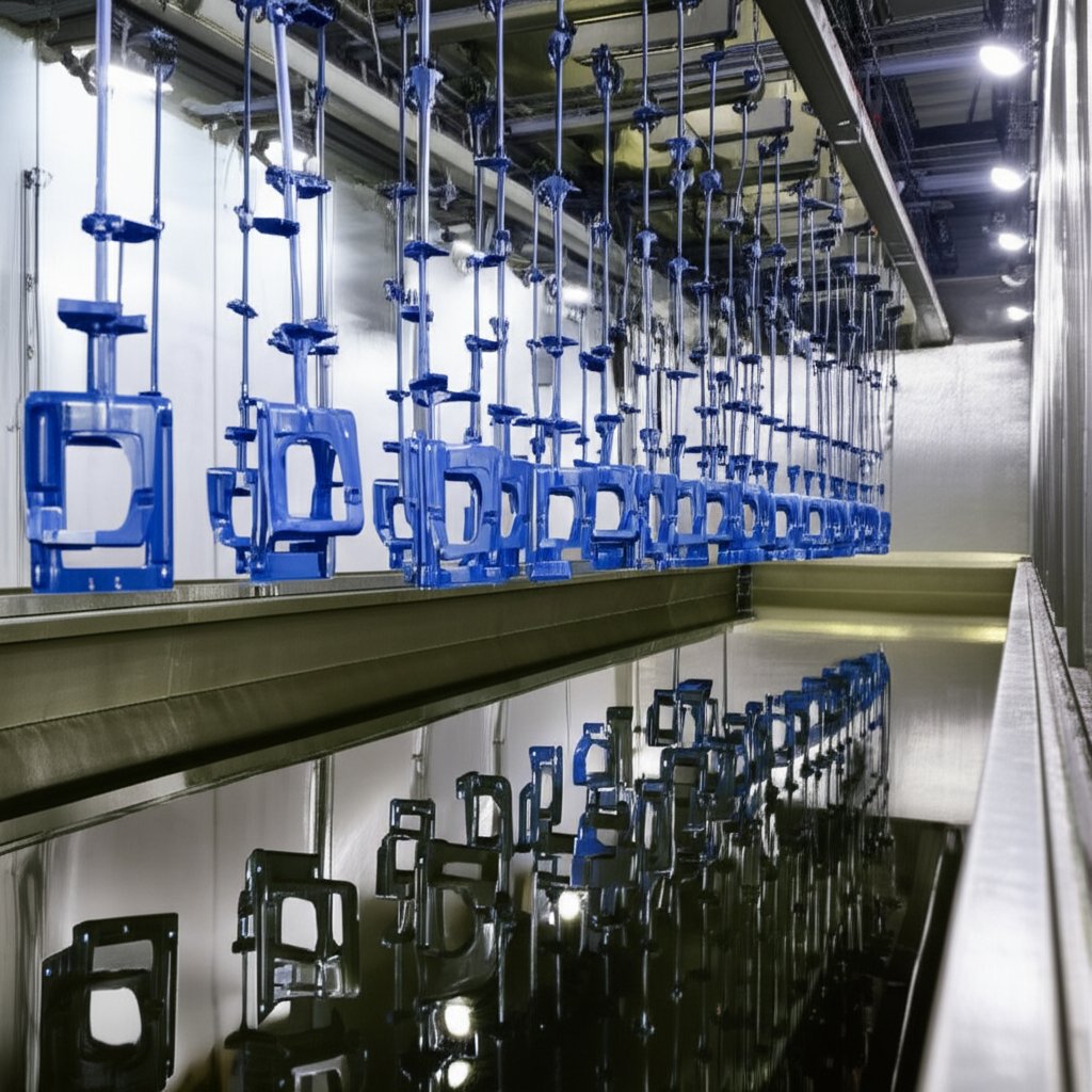 metal parts undergoing electrophoretic coating for uniform industrial protection