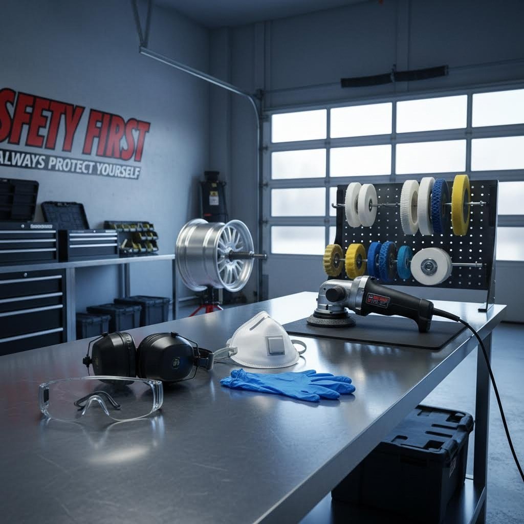 essential safety gear and organized workspace setup for aluminum wheel polishing