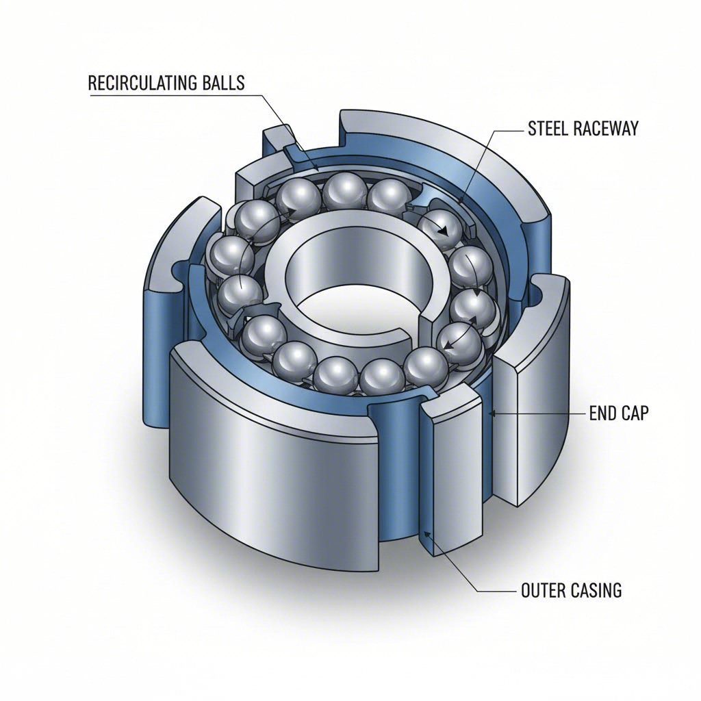 cross section view of ball bearing guide bushing with recirculating rolling elements