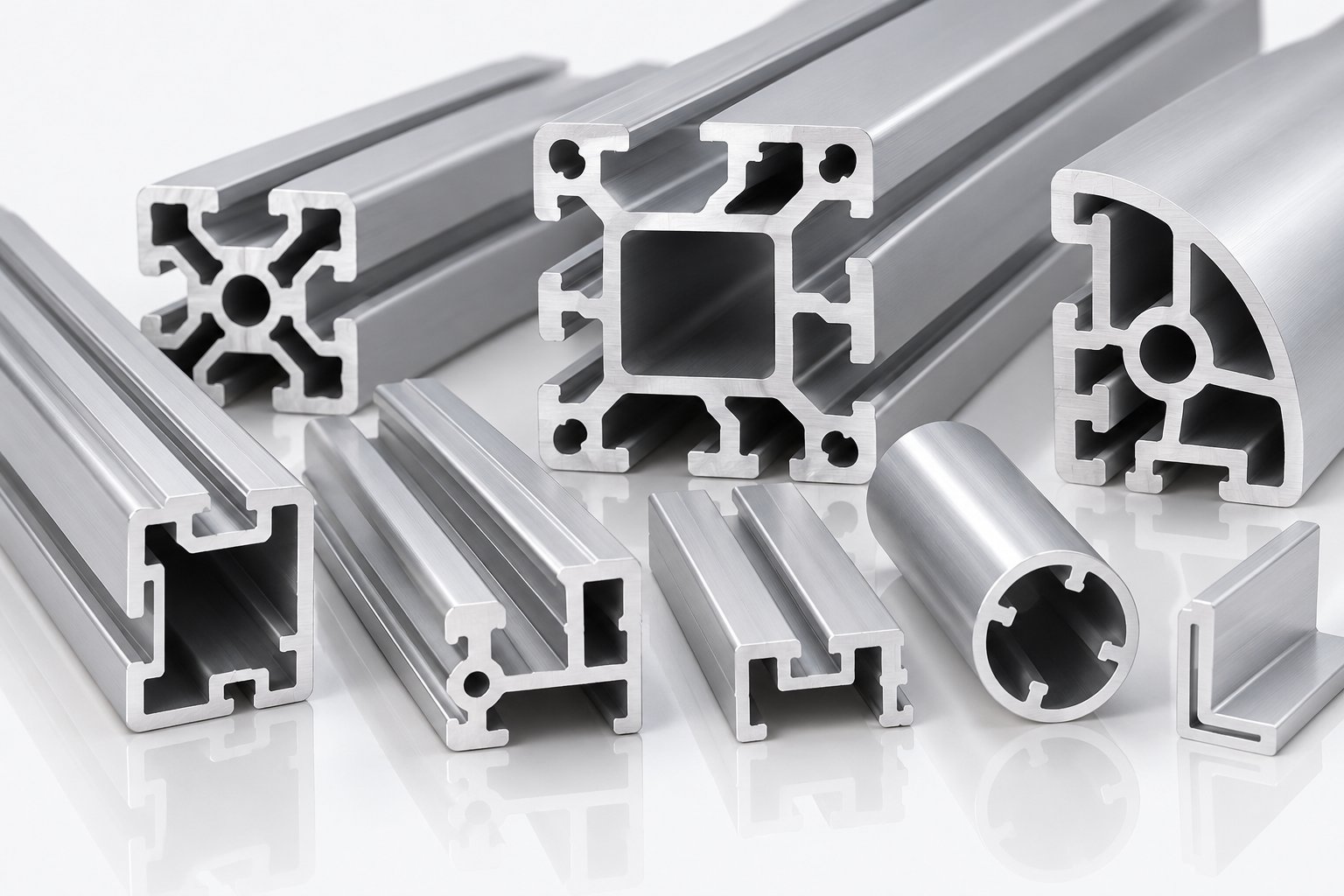 aluminum extrusion profiles showcasing different alloy finishes and cross sections