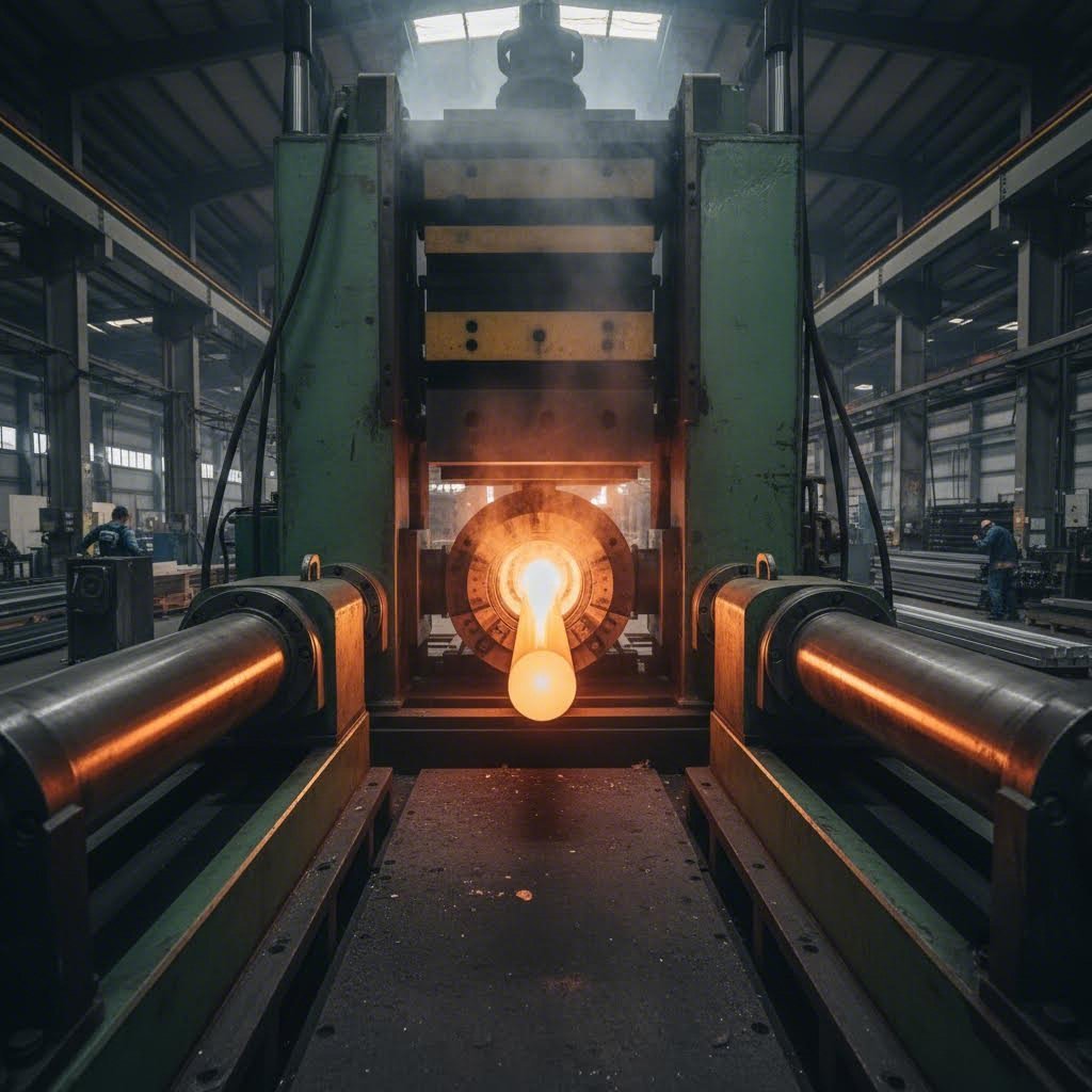 aluminum extrusion press forcing heated billet through a precision hexagonal die