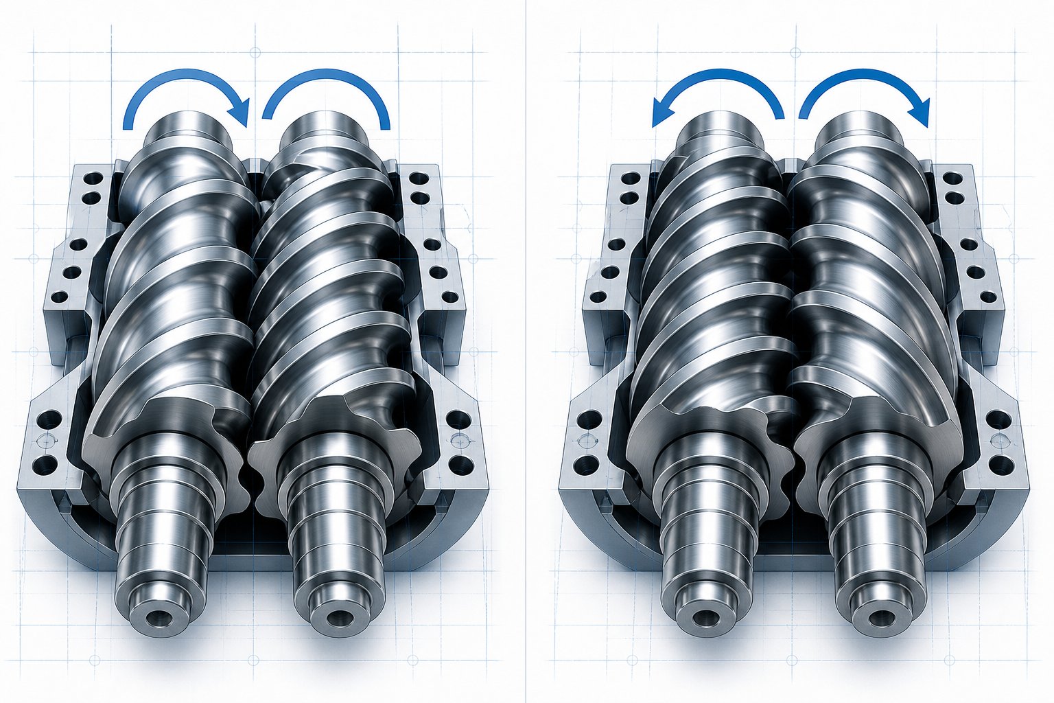 co rotating versus counter rotating twin screw configurations showing different rotation directions and element geometries
