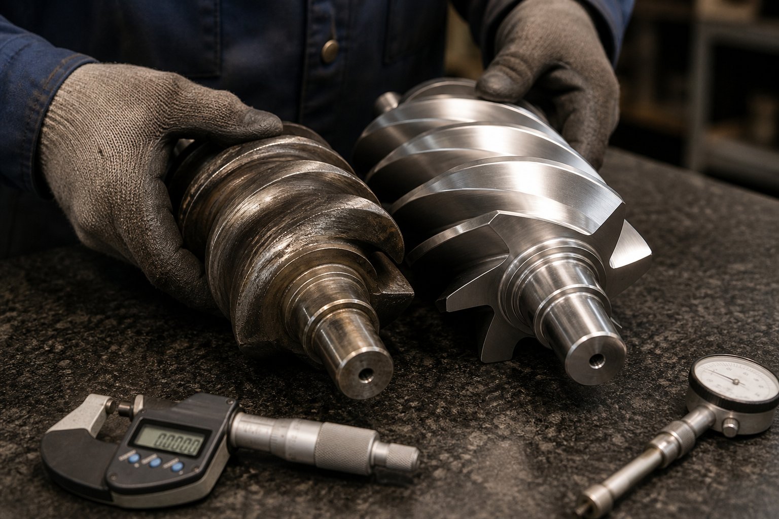 comparing a worn screw element with rounded flight tips against a new element during maintenance inspection