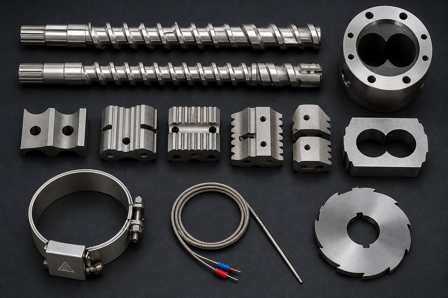 key twin screw extruder spare part categories including screw elements kneading blocks barrel segments and auxiliary components