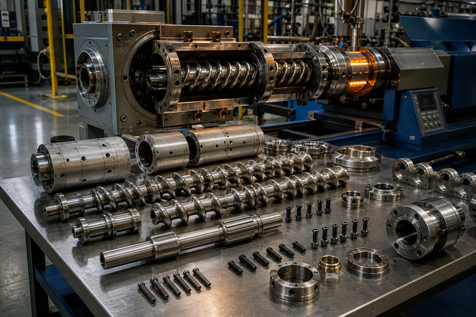 twin screw extruder spare parts including screw elements barrel segments and spline shafts arranged for inspection