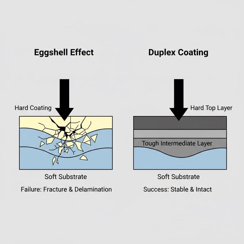 The eggshell effect vs duplex coating support on tool steel