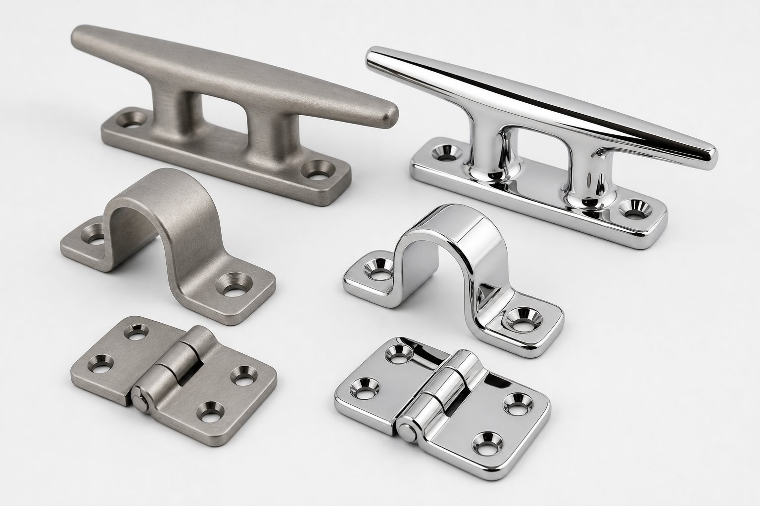 info-1-1 marine hardware after passivation and electropolishing treatments showing different surface finish qualities