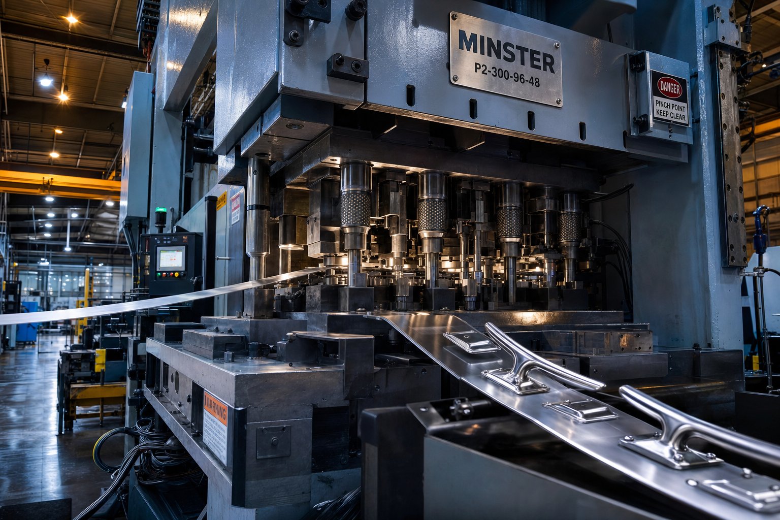 info-1-1 progressive die stamping press forming marine hardware components from a continuous strip of corrosion resistant stainless steel