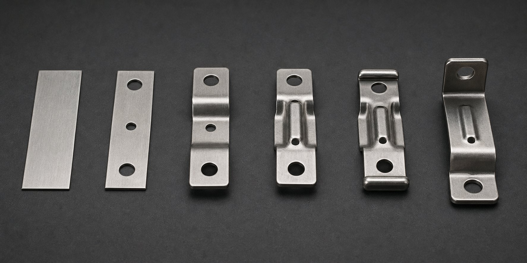 info-1-1 progressive stages of a marine mounting bracket from flat strip to finished stamped component
