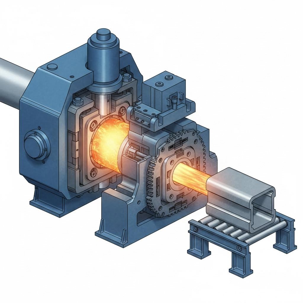 aluminum extrusion process showing billet transformation through precision die into continuous profile