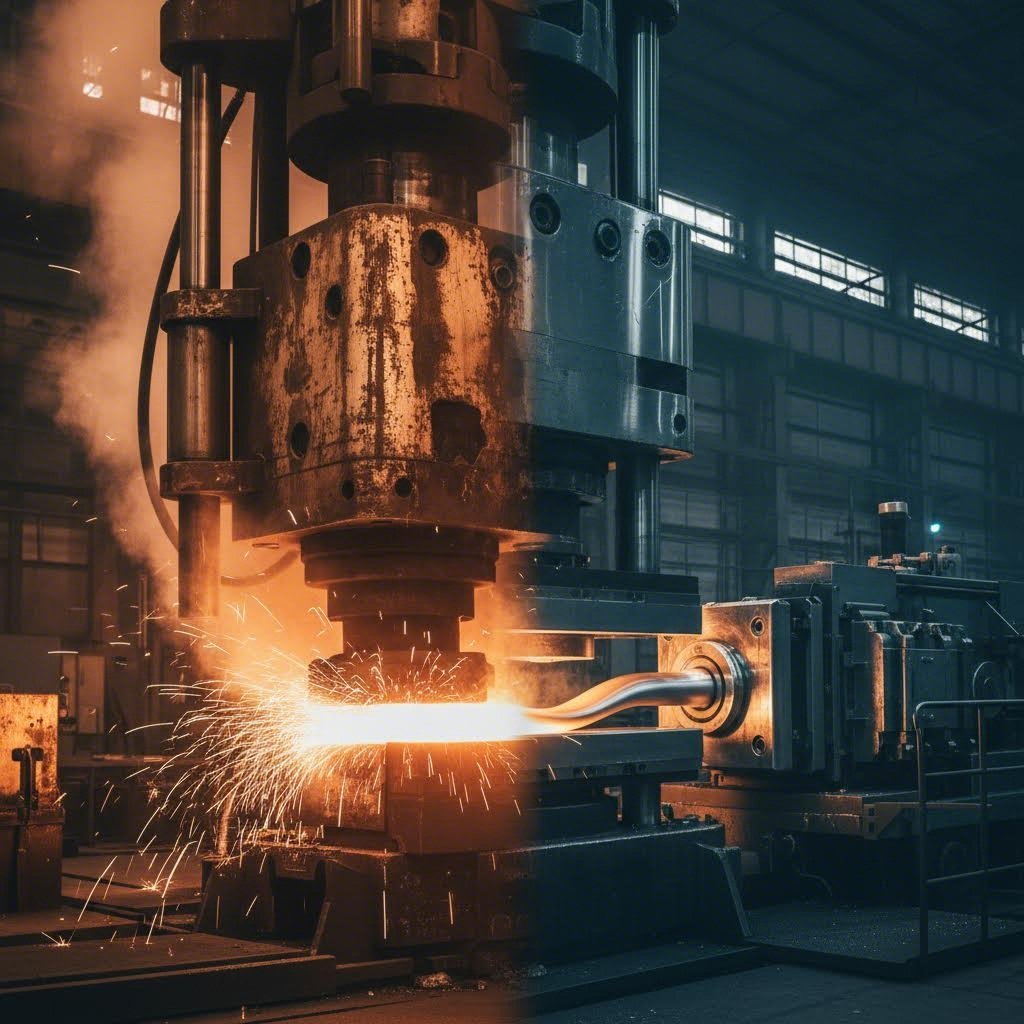 industrial forging press and extrusion equipment demonstrating two fundamental metal forming methods