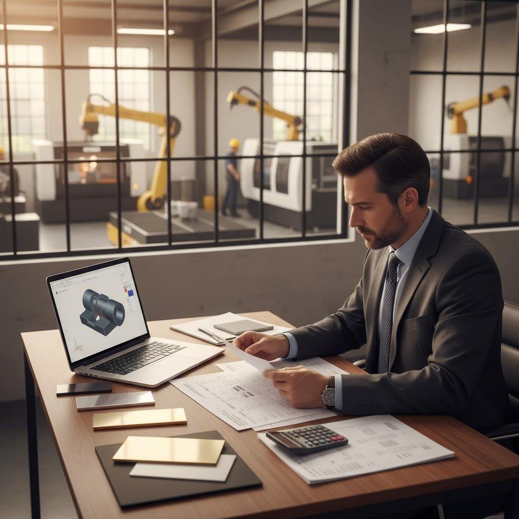 engineer reviewing laser cutting quote and cost factors for manufacturing project
