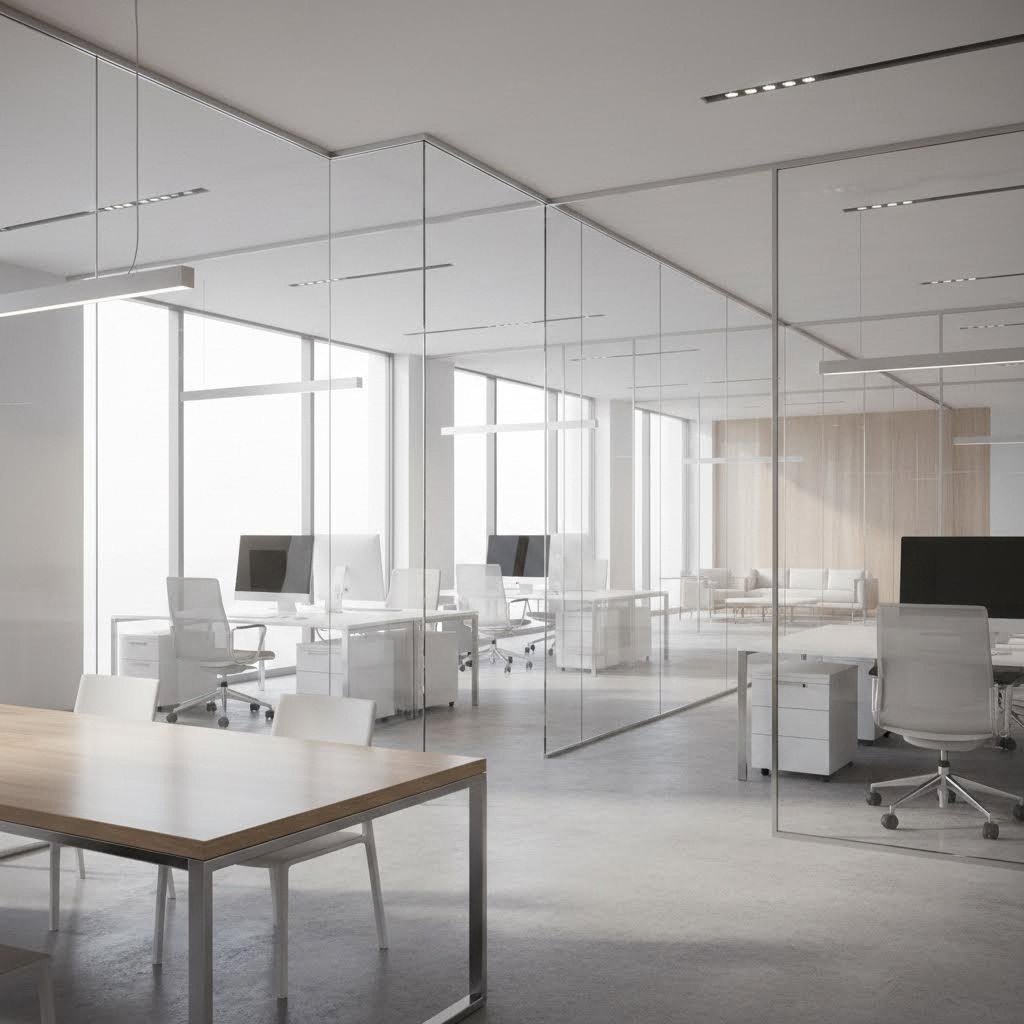 aluminum framed glass partition walls creating open light filled modern office spaces