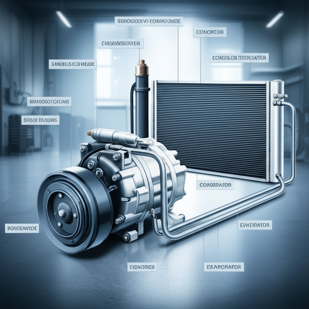 diagram of key automotive air conditioning parts in a vehicle system