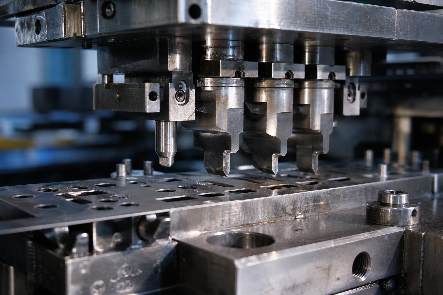 info-1-1 precision stamping die set with mounted punches positioned above a sheet metal strip showing the paired tooling system