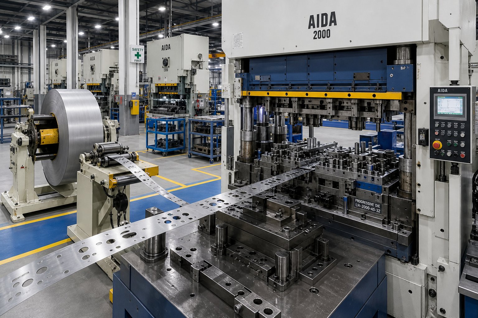 info-1-1 progressive stamping die installed in a production press with strip material feeding from a decoiler