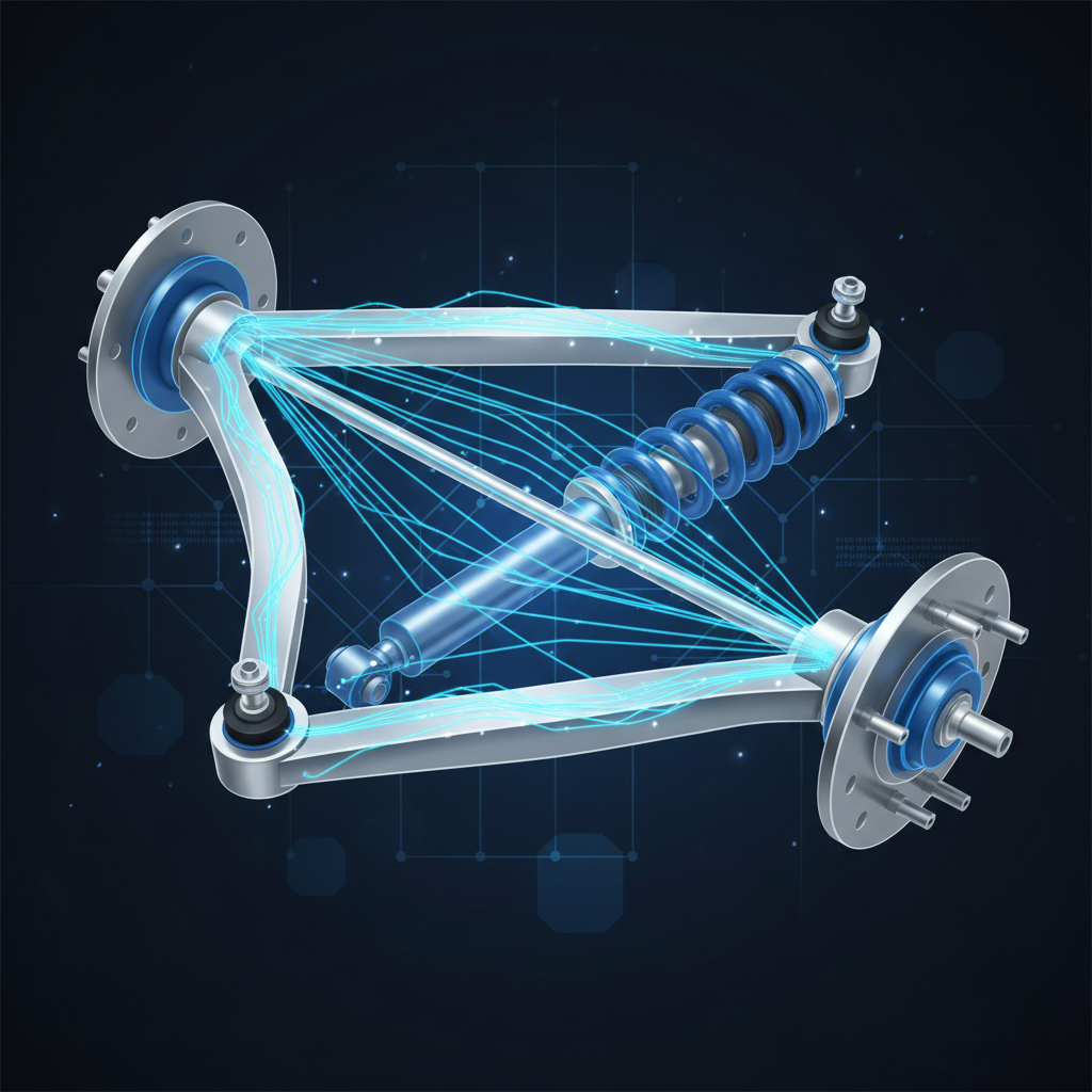 conceptual diagram of a vehicles stamped steel control arm within the suspension system