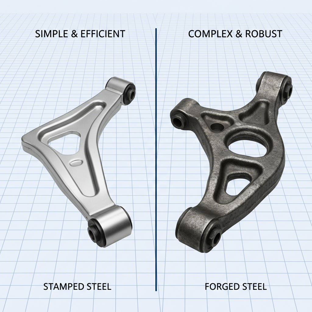 visual comparison of stamped steel versus forged steel suspension arm designs