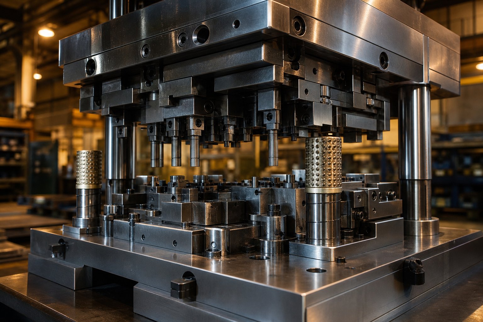 info-1-1 a precision stamping die assembly showing upper and lower halves with internal tooling components
