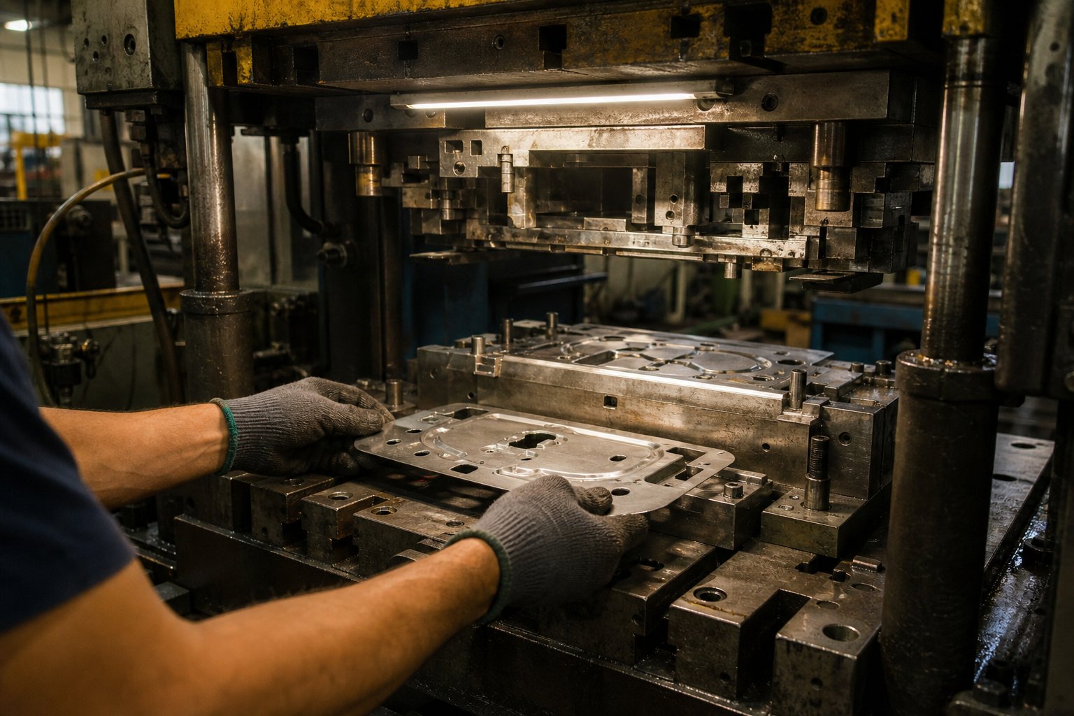 info-1-1 a toolmaker inspecting a stamped part during die tryout on the press