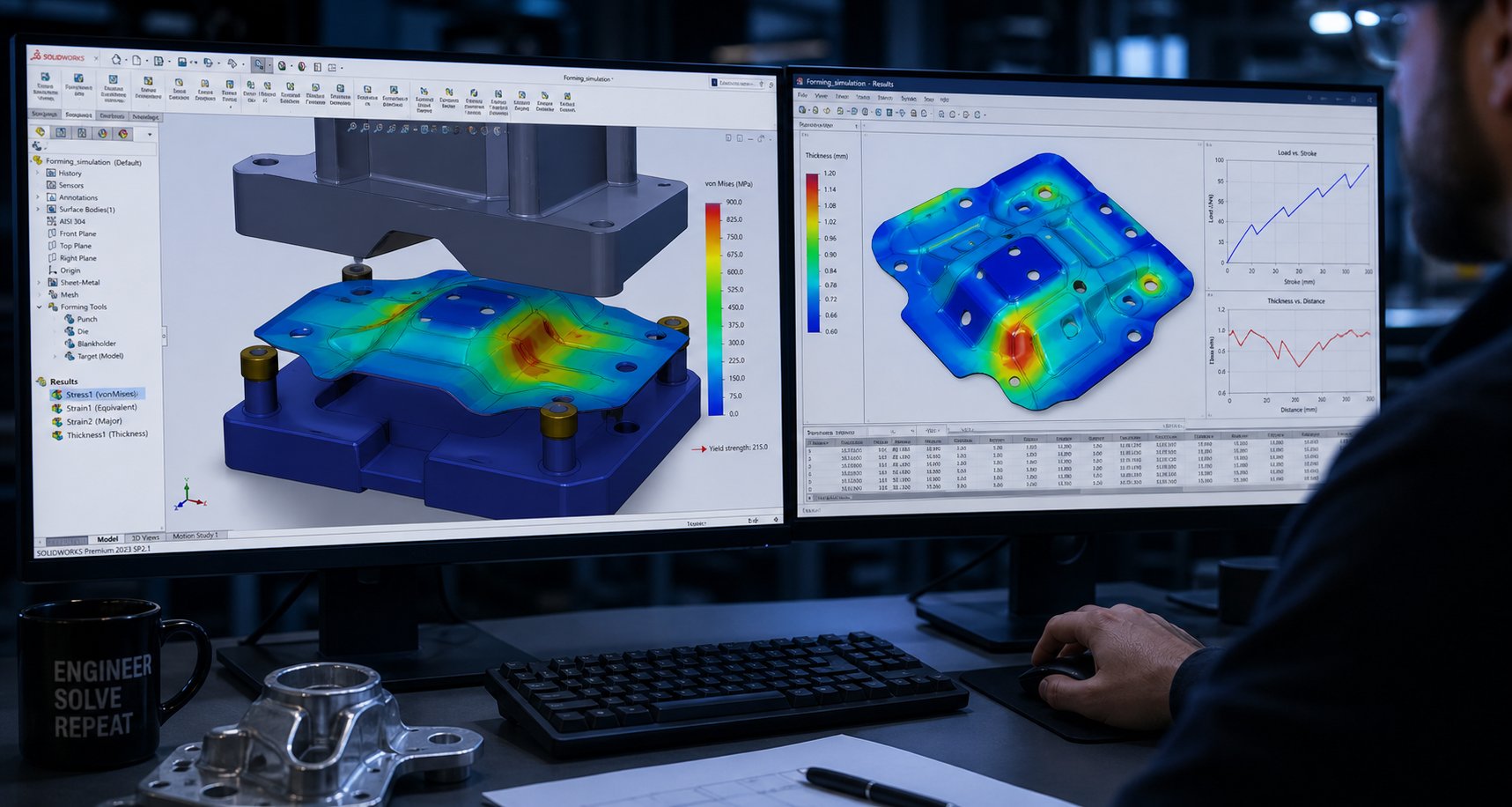 info-1-1 cae simulation software displaying formability analysis results for a stamping die design