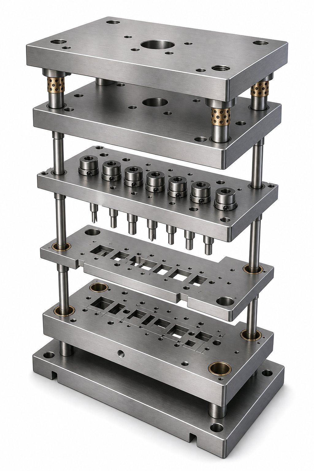 info-1-1 exploded view of stamping die components showing the layered assembly from upper shoe to lower shoe
