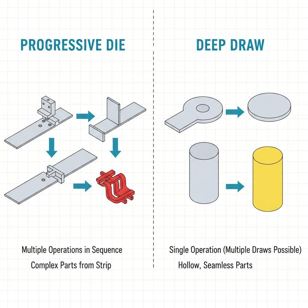 Visual comparison of progressive die stamping versus deep draw manufacturing processes
