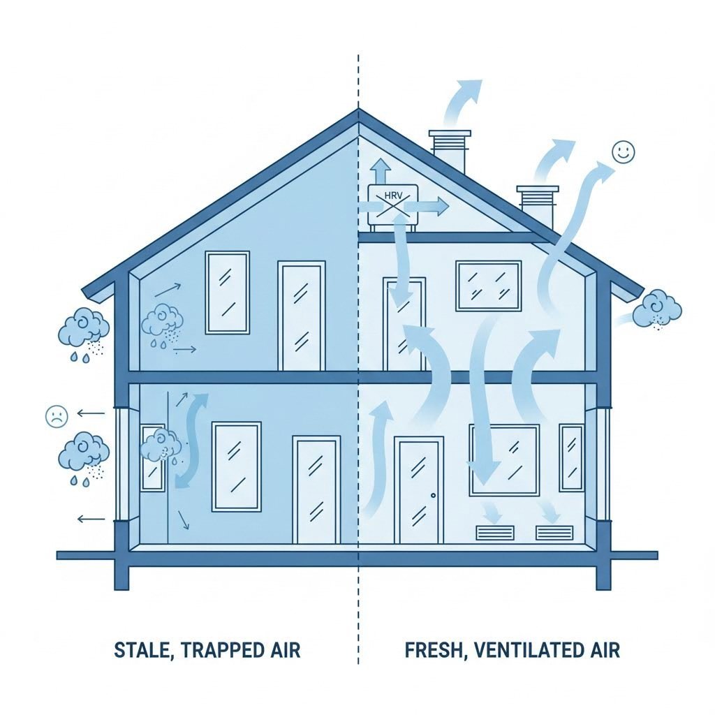 modern airtight homes require controlled ventilation to prevent moisture buildup and maintain healthy indoor air quality