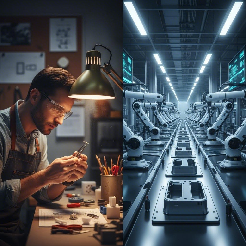 comparison between prototype workshop operations and automated high volume production lines