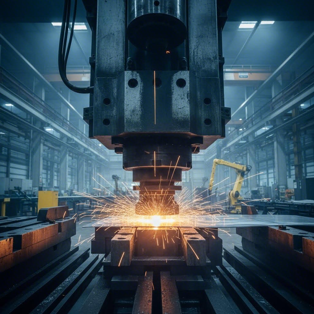industrial metal forming press shaping precision components in a modern manufacturing facility
