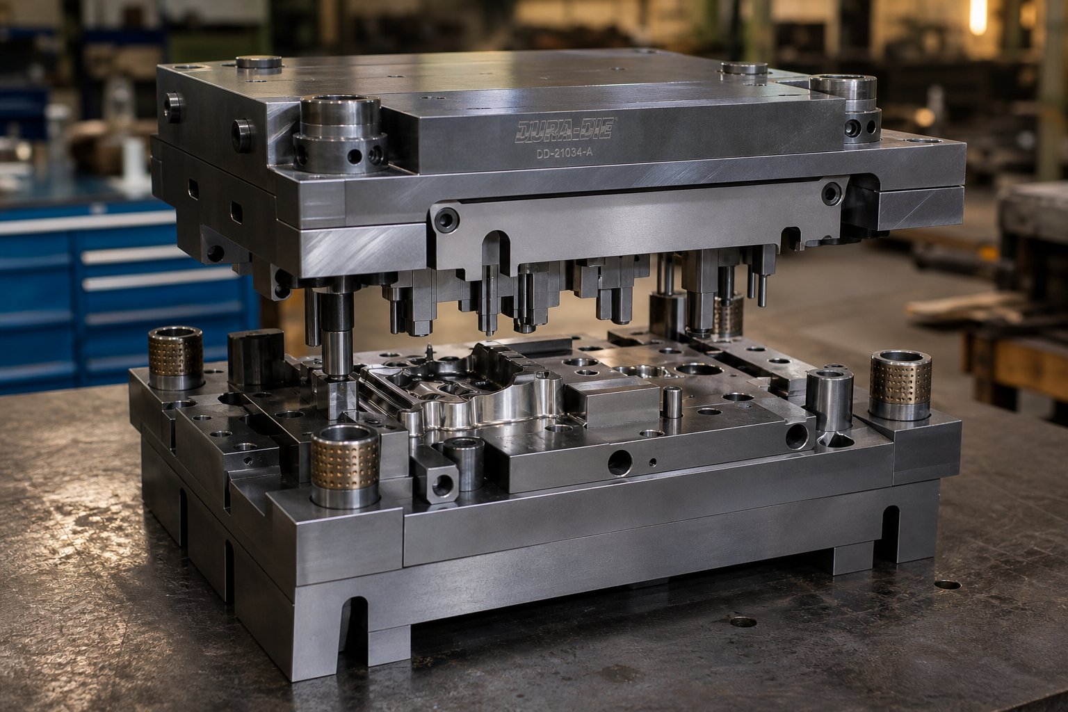 custom stamping die set showing precision machined upper and lower halves ready for press installation