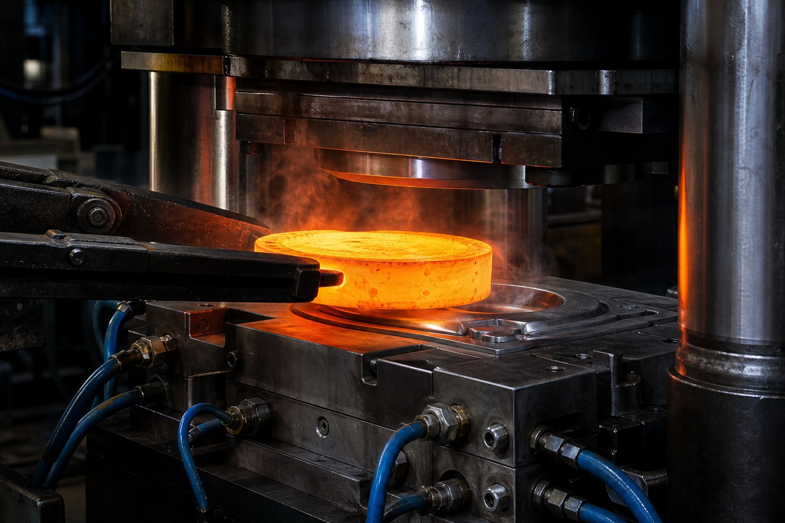 hot stamping process with a heated blank being formed and quenched simultaneously in a cooled die
