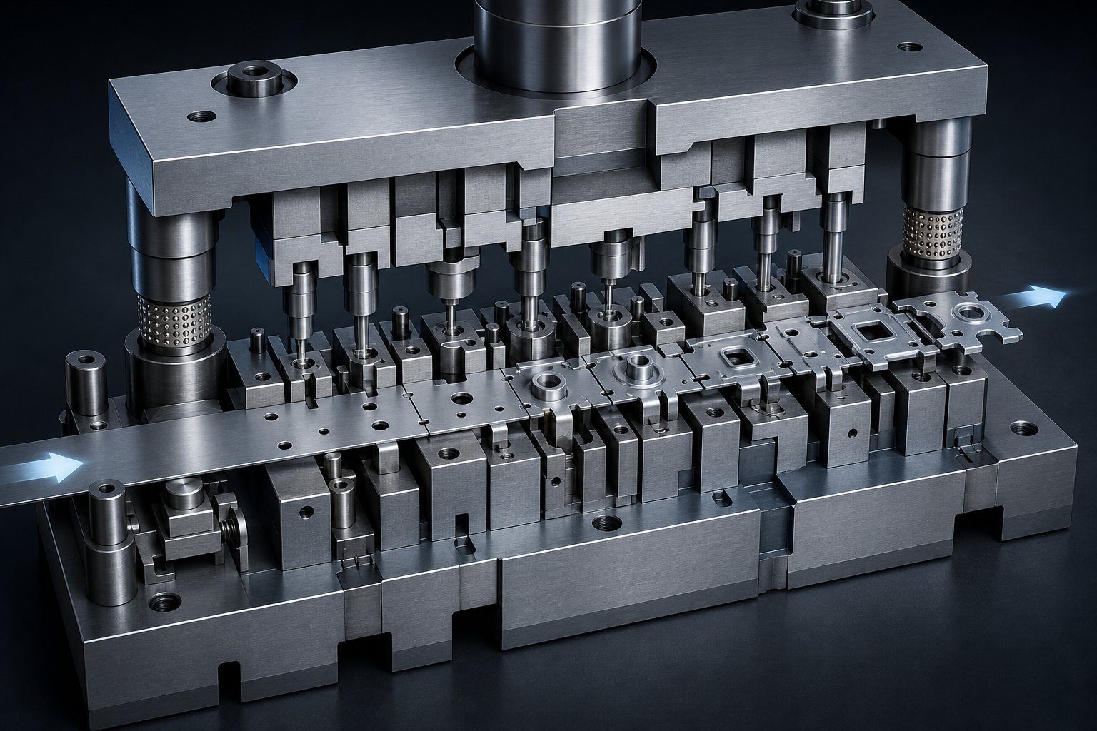 progressive stamping die with multiple stations processing strip metal in a continuous sequence