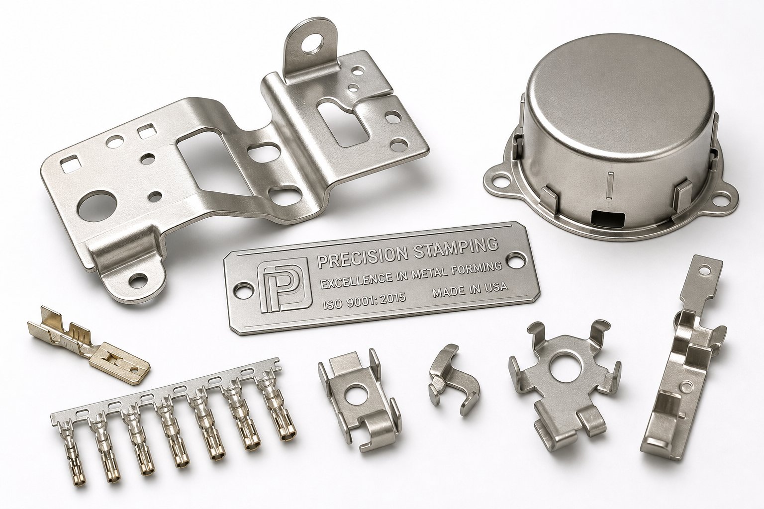 variety of custom stamped metal parts spanning automotive electronics and industrial marking applications