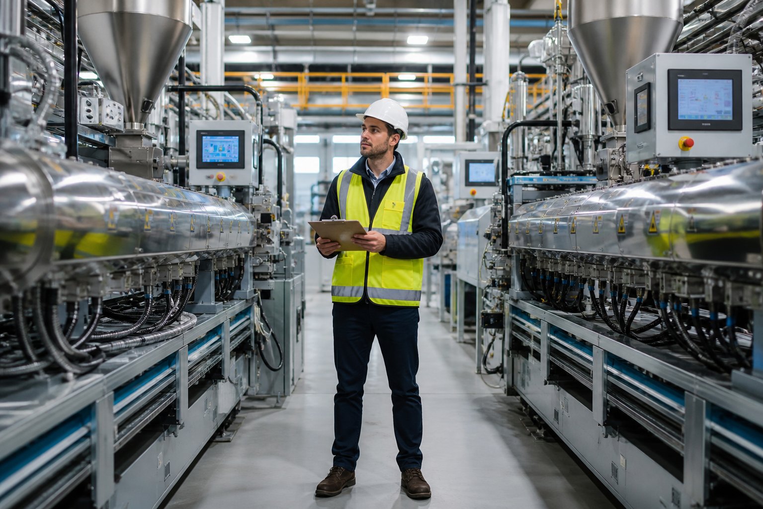 an engineer evaluating extruder options on the production floor using a structured decision framework
