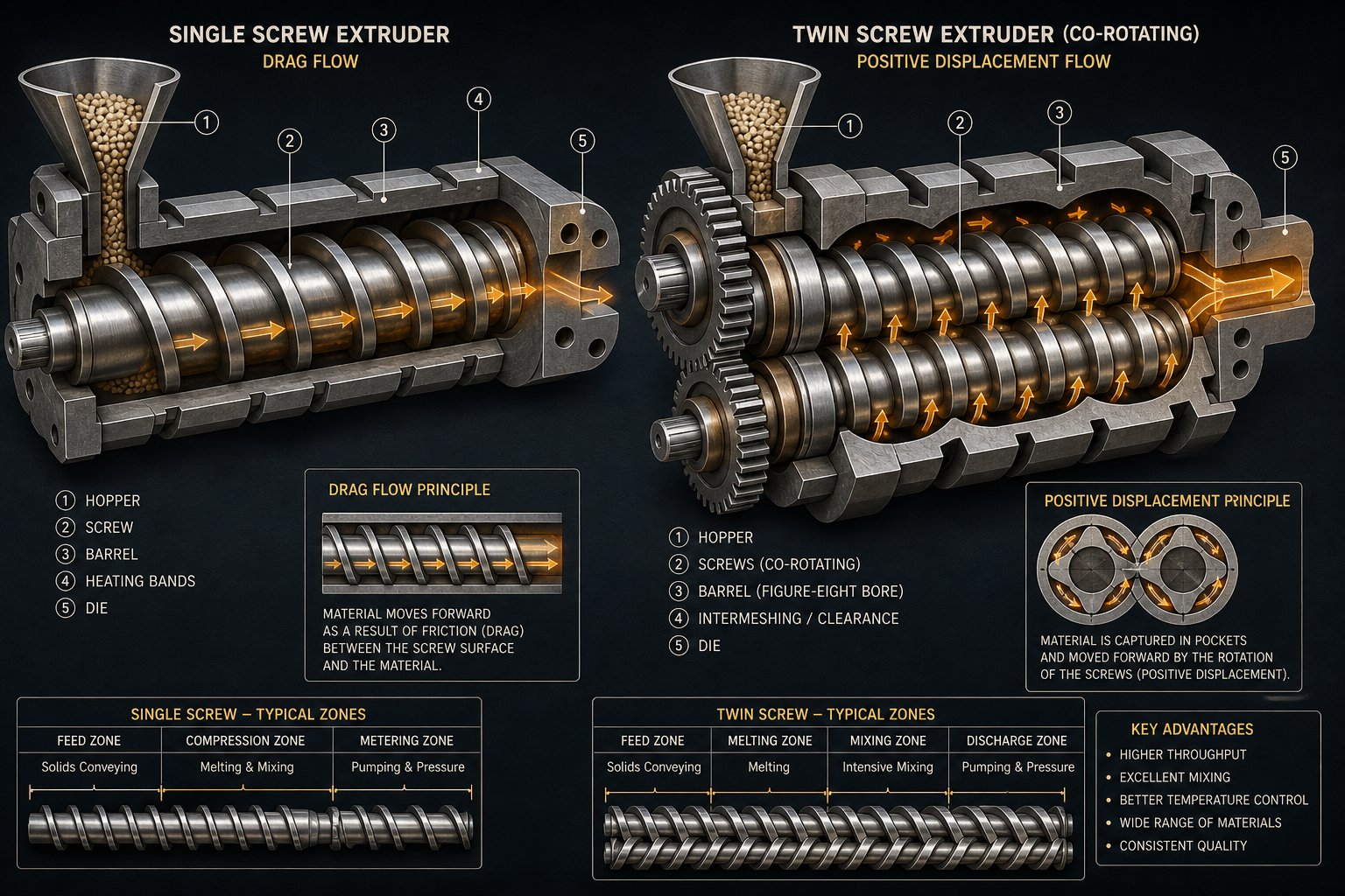 cutaway comparison of drag flow conveyance in single screw vs positive displacement mechanism in twin screw extruders