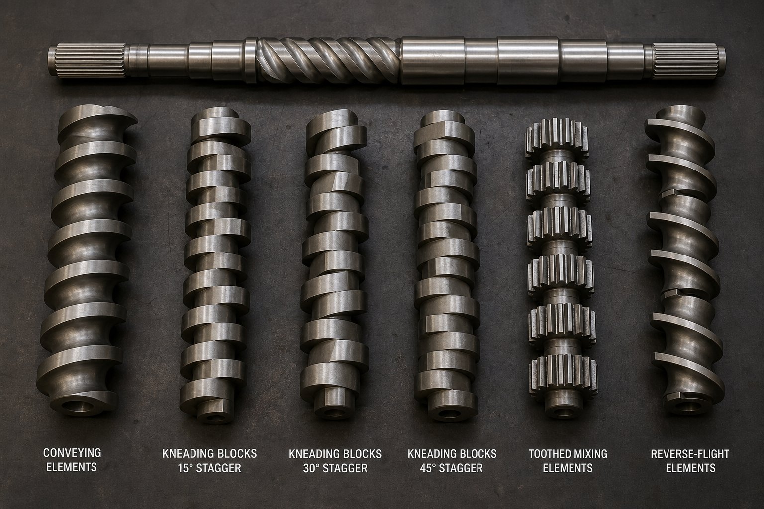 modular twin screw elements including conveying kneading and mixing components ready for custom screw profile assembly