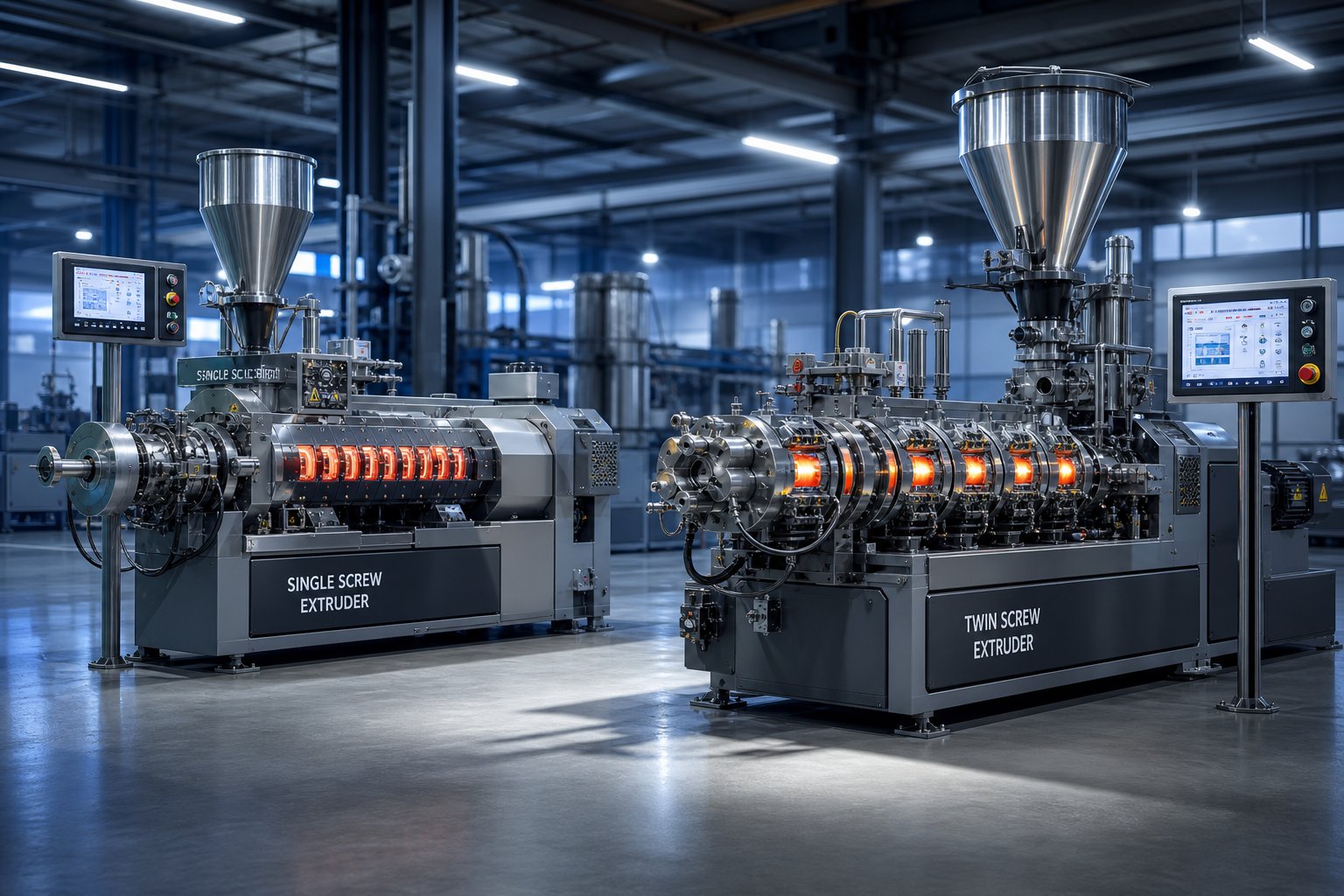 side by side view of single screw and twin screw extruders highlighting key architectural differences