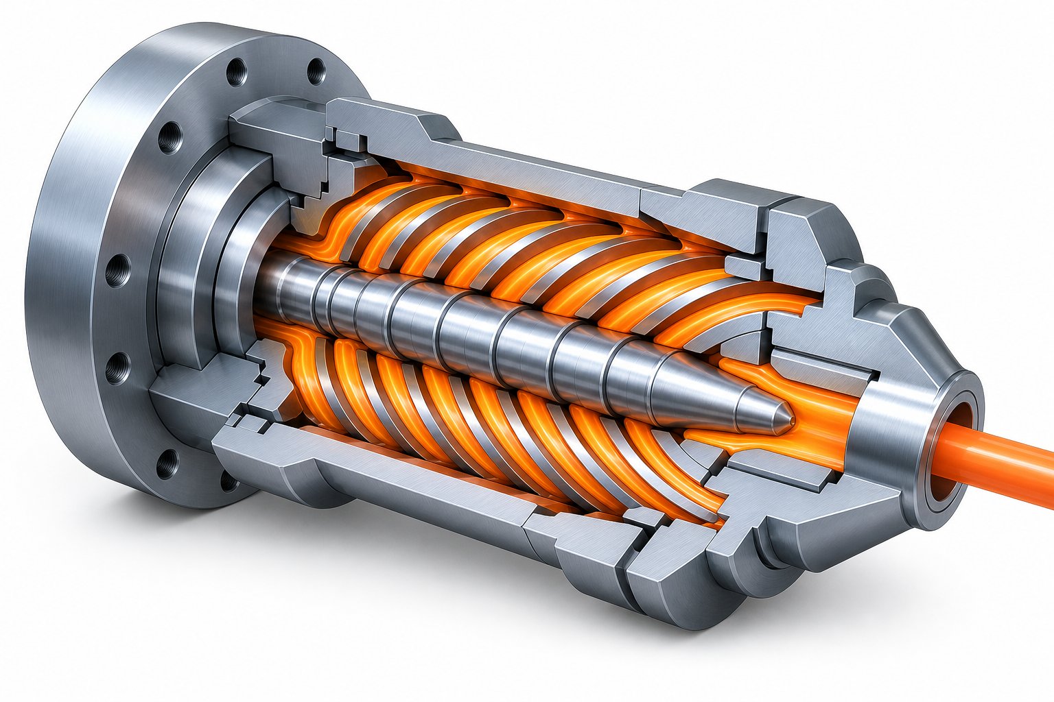 cutaway view of a spiral mandrel extrusion die revealing internal helical flow channels used to produce weld free tubular products