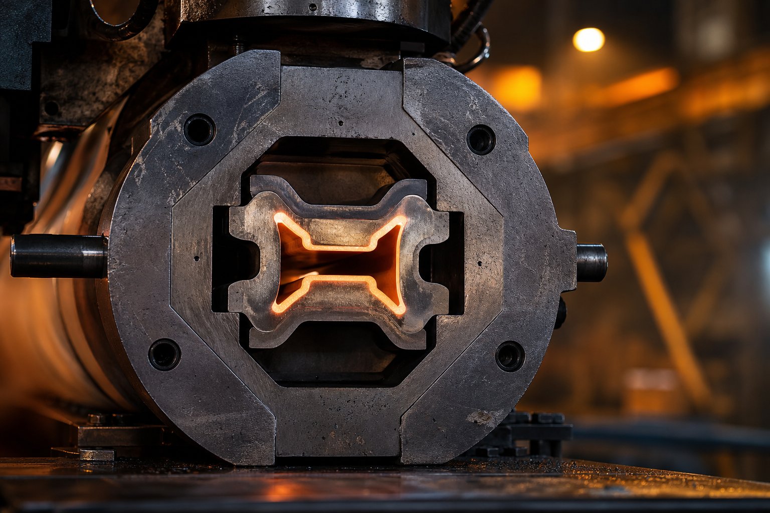 precision machined extrusion die mounted in an industrial press showing the shaped opening that defines the extruded product profile