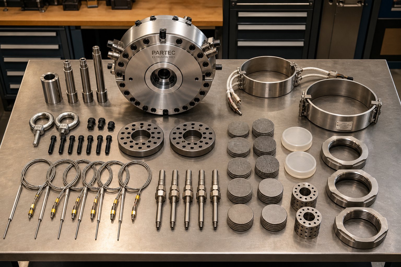 replacement extrusion die head and associated spare parts organized for quality inspection before shipment to a production facility