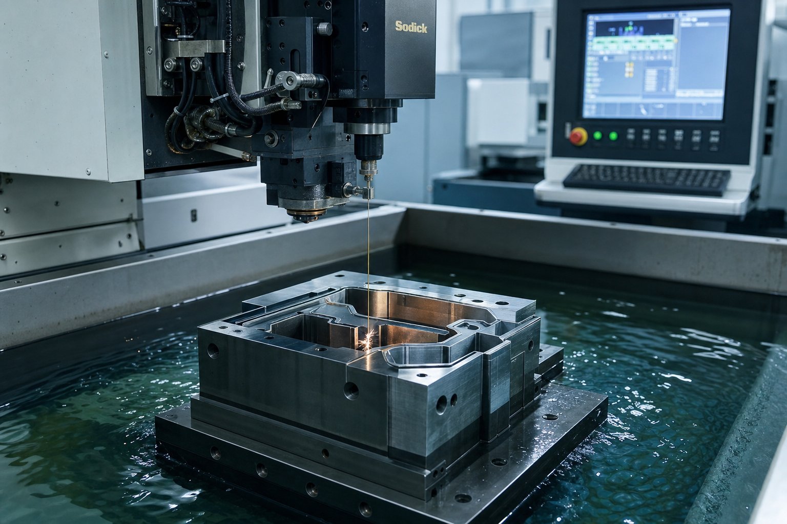 wire edm machine cutting a precision extrusion die profile from hardened tool steel with spark erosion technology