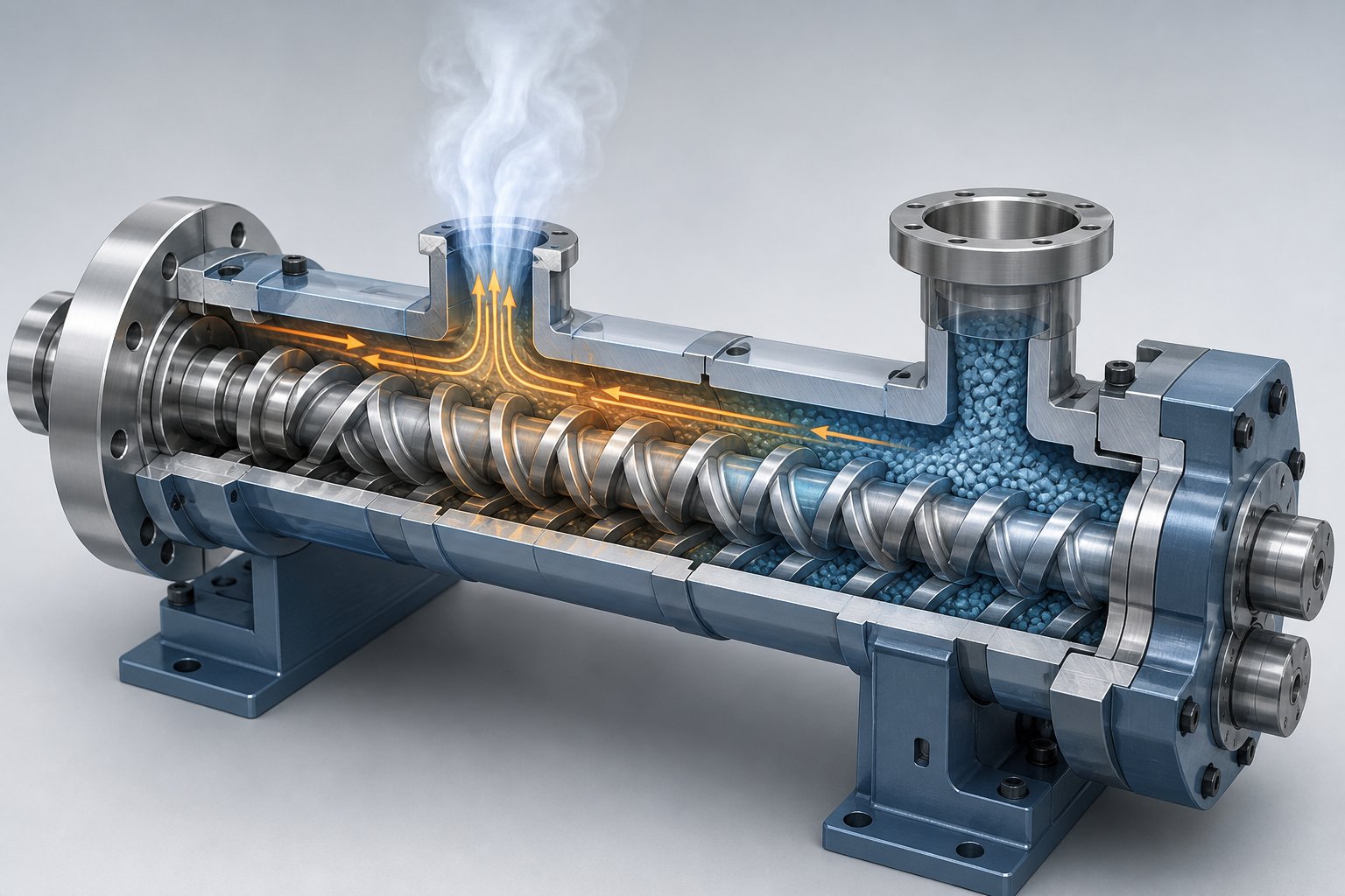 cutaway view of extruder barrel venting system removing entrained air near the side feed zone