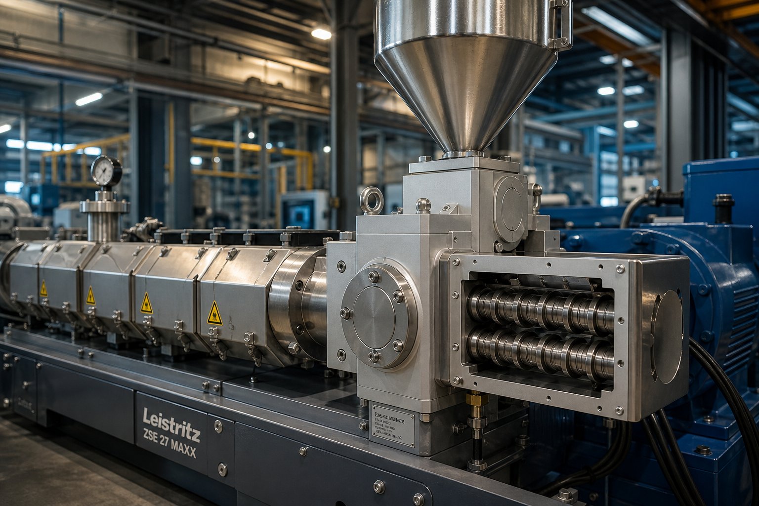 side feeder mounted on a twin screw extruder barrel for downstream material introduction in a compounding line